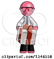 Pink Doctor Scientist Man Gifting Present With Large Bow Front View