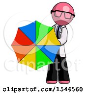 Pink Doctor Scientist Man Holding Rainbow Umbrella Out To Viewer