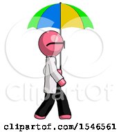Poster, Art Print Of Pink Doctor Scientist Man Walking With Colored Umbrella