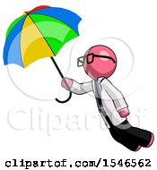 Poster, Art Print Of Pink Doctor Scientist Man Flying With Rainbow Colored Umbrella