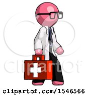 Pink Doctor Scientist Man Walking With Medical Aid Briefcase To Right