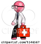 Pink Doctor Scientist Man Walking With Medical Aid Briefcase To Left