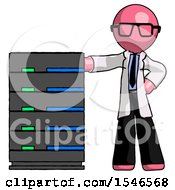 Poster, Art Print Of Pink Doctor Scientist Man With Server Rack Leaning Confidently Against It
