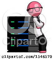 Poster, Art Print Of Pink Doctor Scientist Man Resting Against Server Rack Viewed At Angle