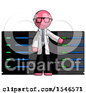 Poster, Art Print Of Pink Doctor Scientist Man With Server Racks In Front Of Two Networked Systems