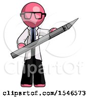 Poster, Art Print Of Pink Doctor Scientist Man Holding Large Scalpel