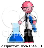 Pink Doctor Scientist Man Holding Test Tube Beside Beaker Or Flask