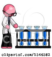 Pink Doctor Scientist Man Using Test Tubes Or Vials On Rack