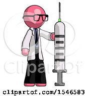 Poster, Art Print Of Pink Doctor Scientist Man Holding Large Syringe