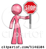 Pink Design Mascot Woman Holding Stop Sign
