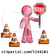 Poster, Art Print Of Pink Design Mascot Man Holding Stop Sign By Traffic Cones Under Construction Concept