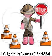 Poster, Art Print Of Pink Explorer Ranger Man Holding Stop Sign By Traffic Cones Under Construction Concept