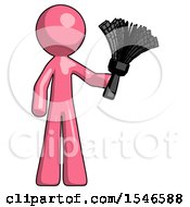 Poster, Art Print Of Pink Design Mascot Man Holding Feather Duster Facing Forward