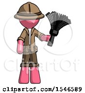 Poster, Art Print Of Pink Explorer Ranger Man Holding Feather Duster Facing Forward