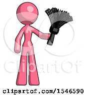 Poster, Art Print Of Pink Design Mascot Woman Holding Feather Duster Facing Forward