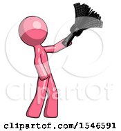 Poster, Art Print Of Pink Design Mascot Man Dusting With Feather Duster Upwards