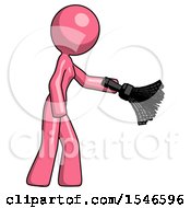 Poster, Art Print Of Pink Design Mascot Woman Dusting With Feather Duster Downwards