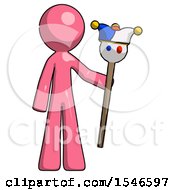 Pink Design Mascot Man Holding Jester Staff