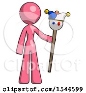 Pink Design Mascot Woman Holding Jester Staff