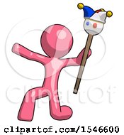 Pink Design Mascot Man Holding Jester Staff Posing Charismatically