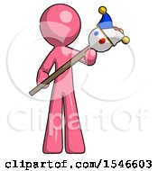 Pink Design Mascot Man Holding Jester Diagonally