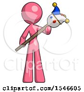 Pink Design Mascot Woman Holding Jester Diagonally
