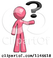 Pink Design Mascot Man Holding Question Mark To Right