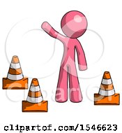Poster, Art Print Of Pink Design Mascot Man Standing By Traffic Cones Waving