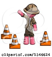 Poster, Art Print Of Pink Explorer Ranger Man Standing By Traffic Cones Waving