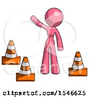 Poster, Art Print Of Pink Design Mascot Woman Standing By Traffic Cones Waving