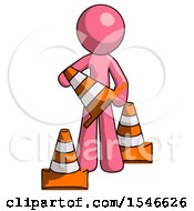 Poster, Art Print Of Pink Design Mascot Man Holding A Traffic Cone