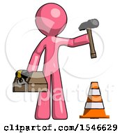 Pink Design Mascot Man Under Construction Concept Traffic Cone And Tools