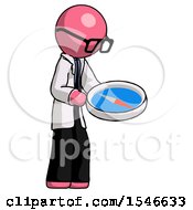 Poster, Art Print Of Pink Doctor Scientist Man Looking At Large Compass Facing Right