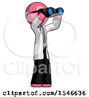 Poster, Art Print Of Pink Doctor Scientist Man Looking Through Binoculars To The Right