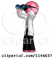 Poster, Art Print Of Pink Doctor Scientist Man Looking Through Binoculars To The Left