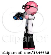 Poster, Art Print Of Pink Doctor Scientist Man Holding Binoculars Ready To Look Left