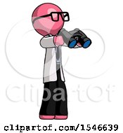 Poster, Art Print Of Pink Doctor Scientist Man Holding Binoculars Ready To Look Right