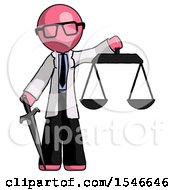 Poster, Art Print Of Pink Doctor Scientist Man Justice Concept With Scales And Sword Justicia Derived
