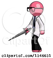 Poster, Art Print Of Pink Doctor Scientist Man With Sword Walking Confidently