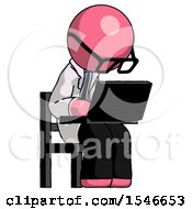 Pink Doctor Scientist Man Using Laptop Computer While Sitting In Chair Angled Right