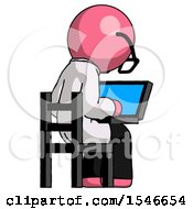 Pink Doctor Scientist Man Using Laptop Computer While Sitting In Chair View From Back