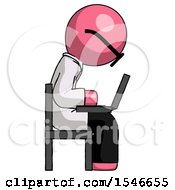 Poster, Art Print Of Pink Doctor Scientist Man Using Laptop Computer While Sitting In Chair View From Side