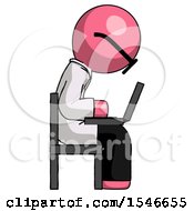 Pink Doctor Scientist Man Using Laptop Computer While Sitting In Chair View From Side