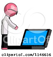 Pink Doctor Scientist Man Using Large Laptop Computer Side Orthographic View