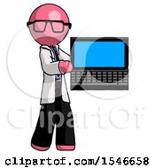 Pink Doctor Scientist Man Holding Laptop Computer Presenting Something On Screen