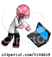 Pink Doctor Scientist Man Throwing Laptop Computer In Frustration