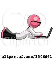 Poster, Art Print Of Pink Doctor Scientist Man Using Laptop Computer While Lying On Floor Side View