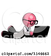 Poster, Art Print Of Pink Doctor Scientist Man Using Laptop Computer While Lying On Floor Side Angled View