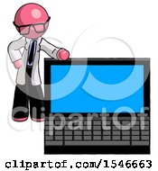 Poster, Art Print Of Pink Doctor Scientist Man Beside Large Laptop Computer Leaning Against It