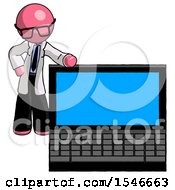 Pink Doctor Scientist Man Beside Large Laptop Computer Leaning Against It